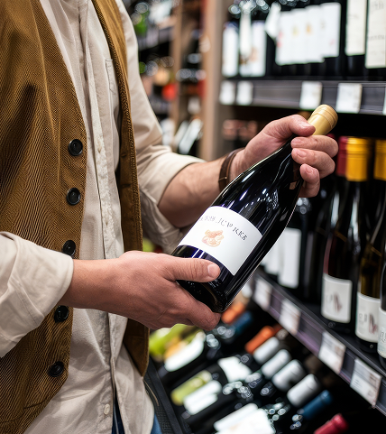 Persona eligiendo una botella de vino en estantería.