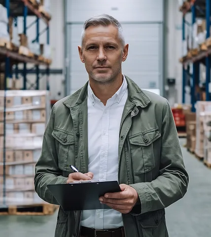 Supervisor revisando inventario en almacén.