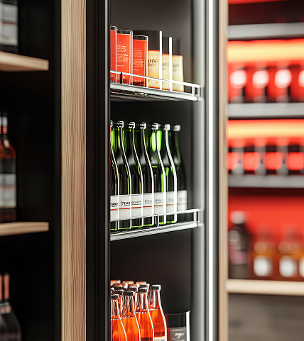 Botellas de bebidas frías en nevera de exhibición.