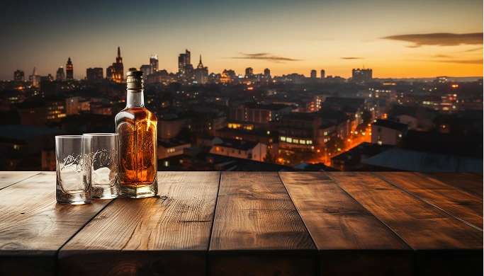 Botella de licor con dos vasos sobre mesa al atardecer.
