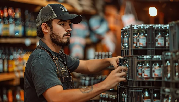Trabajador organizando bebidas en almacén.